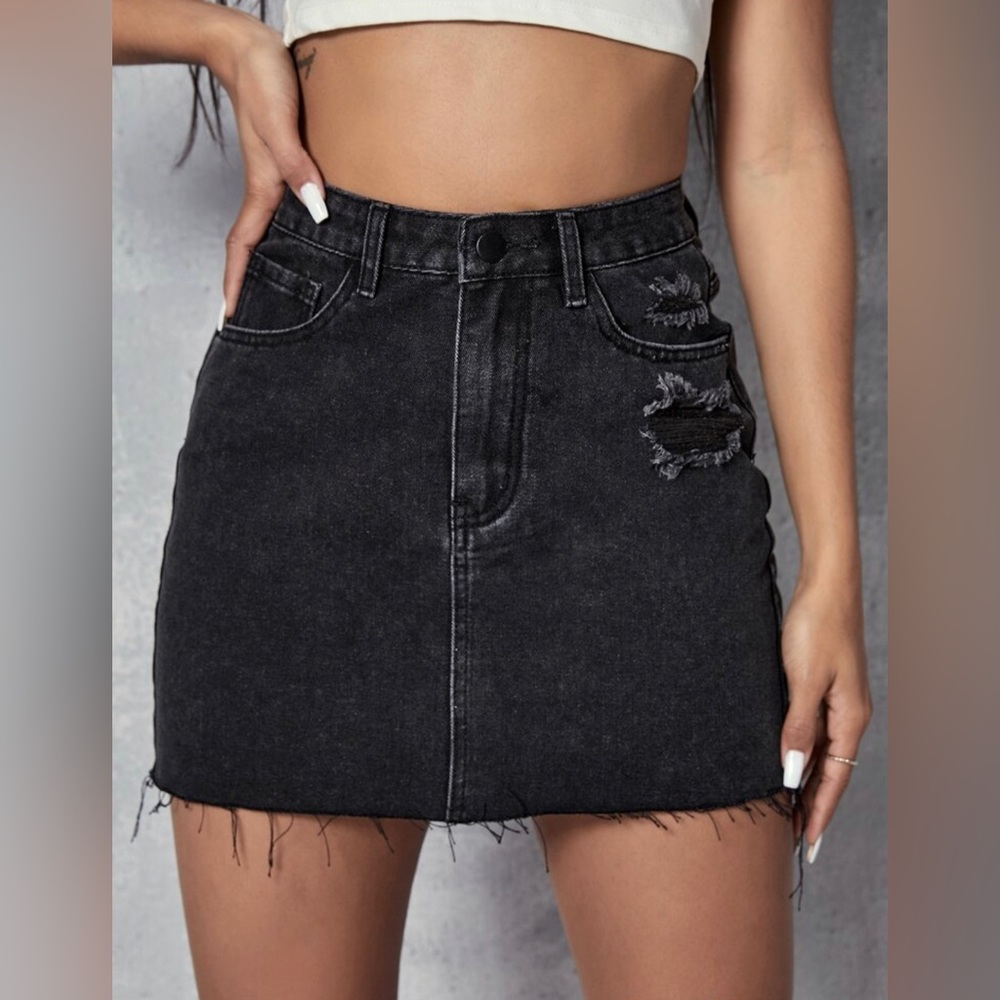 Black distressed denim mini skirt, brand new!
